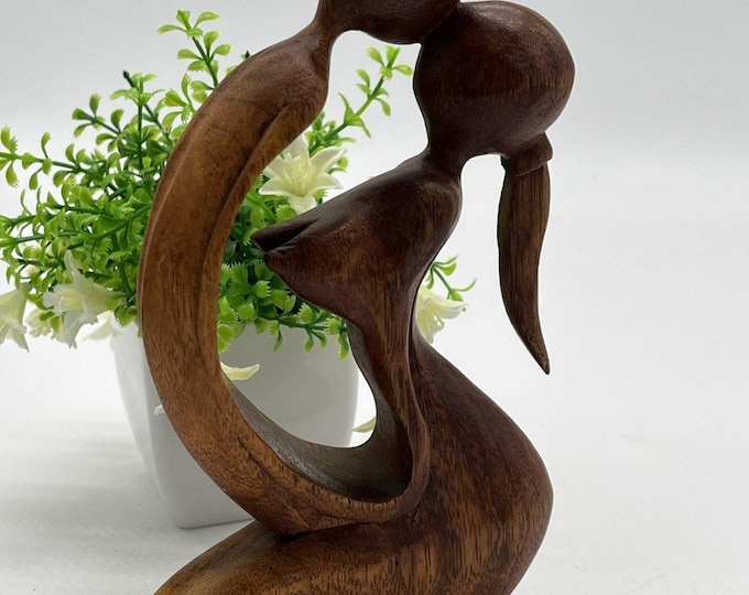 Hand Carved Wooden Abstract Kissing Couple Sculpture 7.5" Bali Art Love Gift