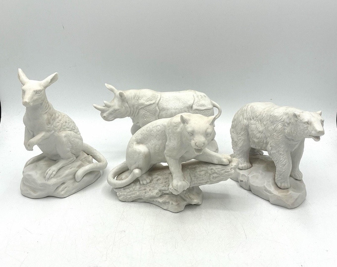 Vintage Aldon Animal Figurines Set 4 White Bisque Kangaroo Rhino Bear Leopard