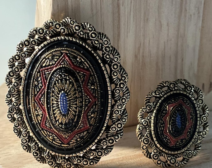 Sarah Coventry Brooch Pin Pendant Ring Old Vienna Textured Enamel Gold Tone Vtg