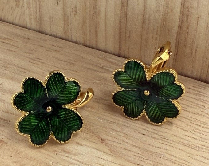 Vintage Avon Green Enamel Gold Tone Lucky Four Leaf Clover Clip On Earrings