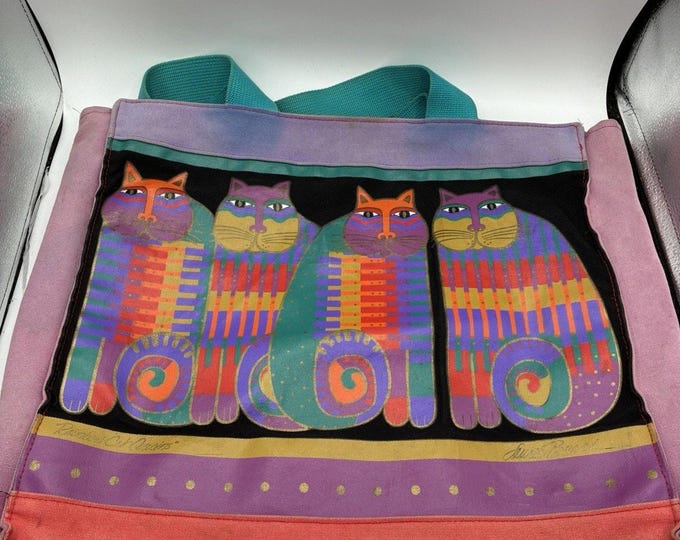 Vintage Laurel Burch Feline Cousins Canvas Tote Bag Cats As Is Heavy Wear