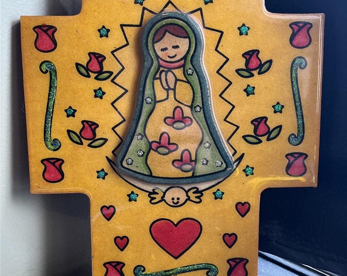 Vintage MundoKin Virgin of Guadalupe Mexican Folk Art Wood Cross Glazed 8x7