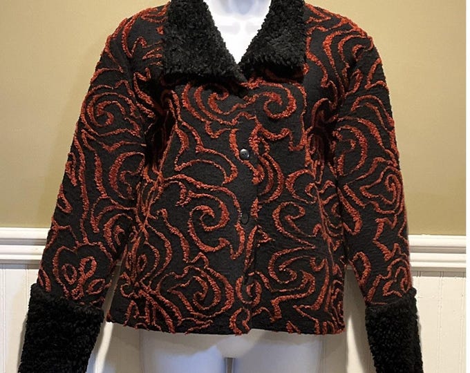 TUB Design Black Red Swirl Cardigan Jacket Faux Fur Collar Cuffs Women’s M Canada