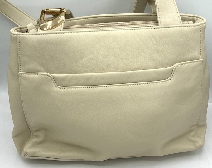 Vintage Aurielle Cream Shoulder Bag, Ivory Purse with Gold Tone Buckle and Pockets