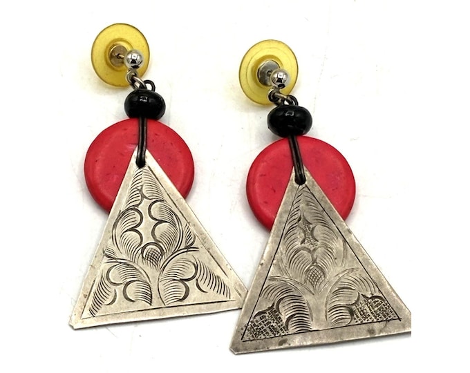 Vintage 80s Artisan Earrings • Engraved Triangle & Red Disc • Mixed Media 2.5” Dangle Jewelry