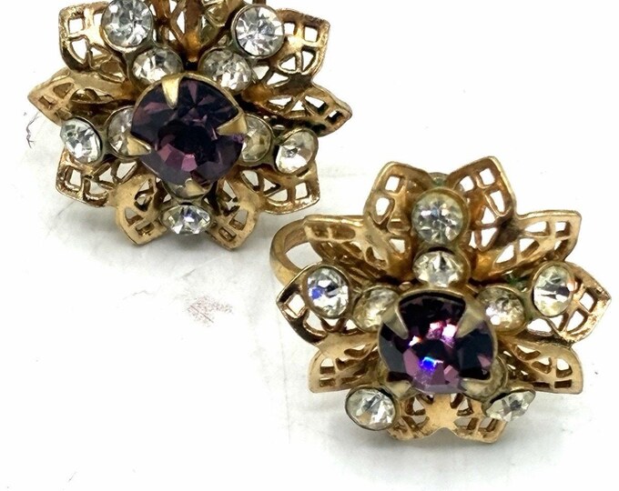 Vintage Goldtone Filigree Flower Cluster Earrings Purple Rhinestone Center