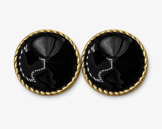 Vintage Large Black Enamel Dome Clip Earrings Gold Tone Rope Edge 80s Statement