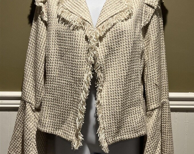 INC International Concepts Cream Tweed Fringe Jacket Bell Sleeve Size M