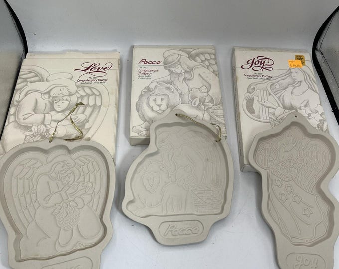 Vintage Longaberger Cookie Molds Angel Series Peace Love Joy 1993 Set of 3 Stoneware