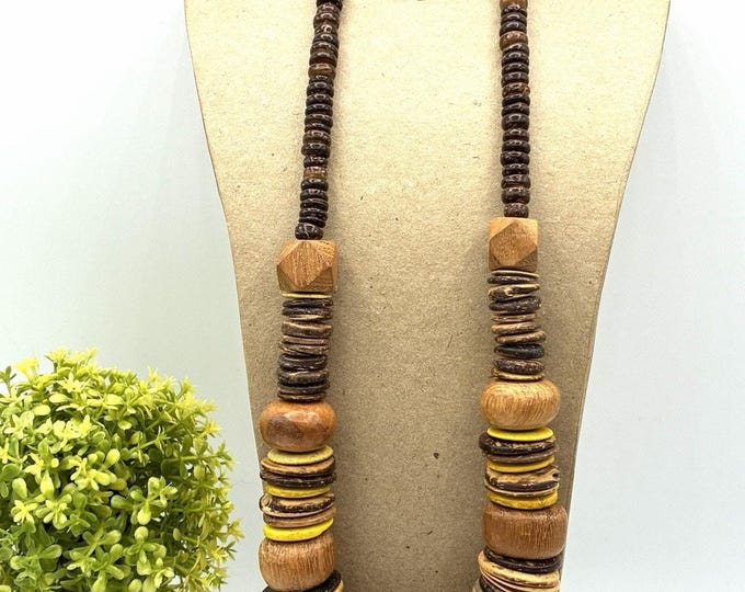 Vintage Coconut Shell Wood Bead Necklace 24” Brown Yellow Boho Statement
