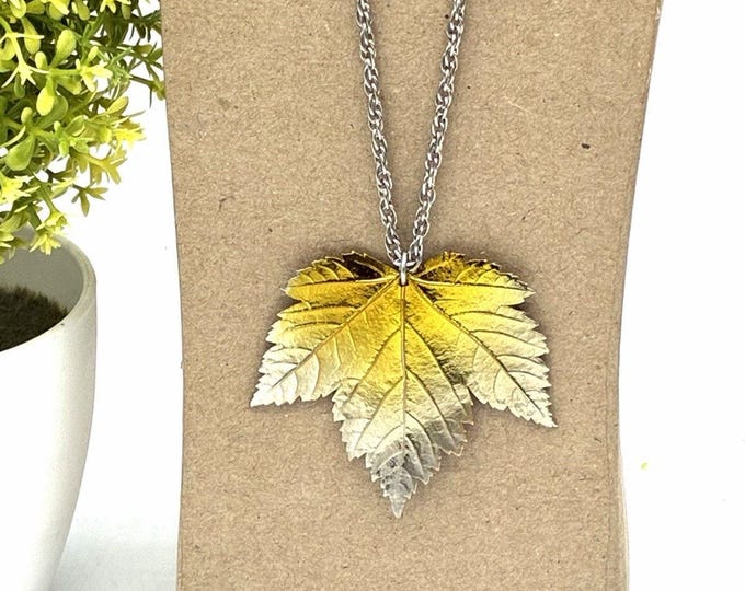 24” Botanical Leaf Pendant Necklace Gold Silver Tone Dipped Botanical Statement