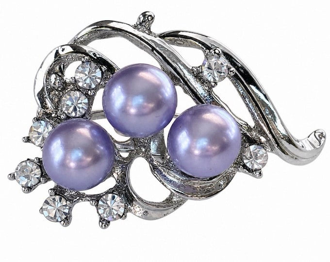 Vintage Purple Faux Pearl Rhinestone Brooch Silver Tone Leaf Swirl Pin