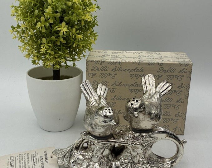 Vintage Delli Silverplate Bird Salt Pepper Shakers Floral Holder Boxed NOS