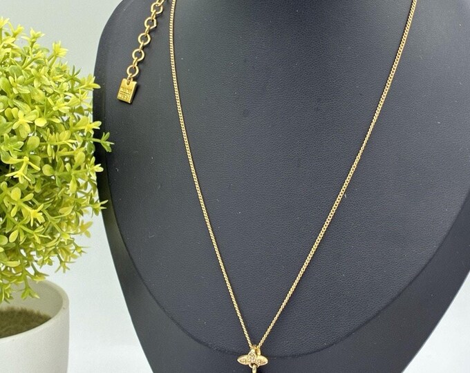 Nine West Gold Tone Pave Rhinestone Flower Teardrop Pendant Necklace 16” Signed