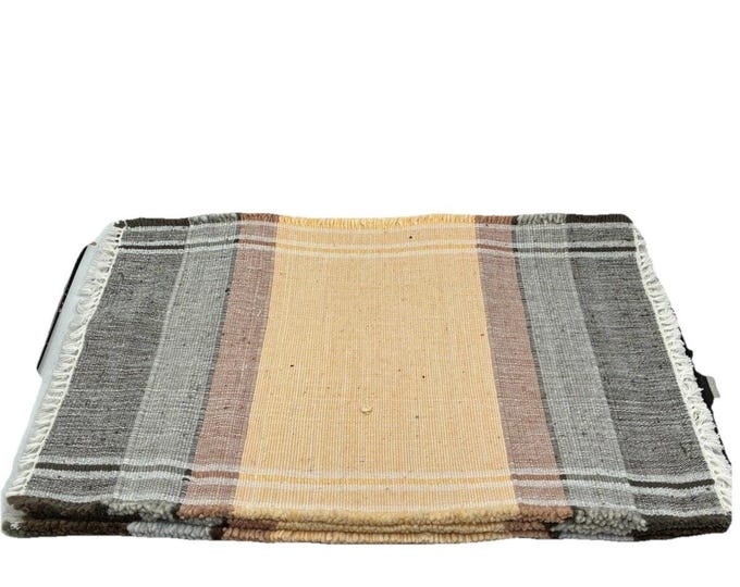 Vintage Handwoven Neutral Stripe Placemat Set 4 Fringed Cotton Gray Taupe Brown