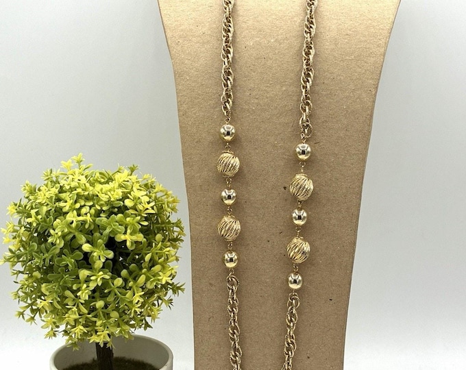 Coro Vintage Goldtone Rope Chain Ball Station Necklace 28 Inch Long 1970s