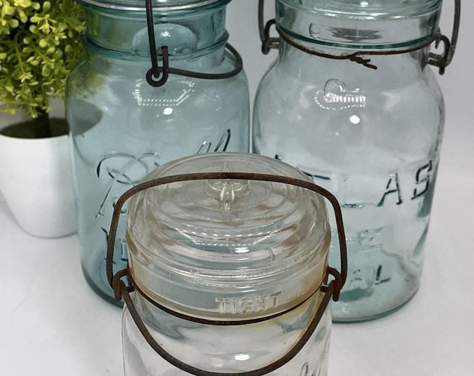 Vintage Canning Jar Trio • Ball Ideal • Hazel Atlas • Smalley Kivlan Double Safety • Rustic Farmhouse Decor