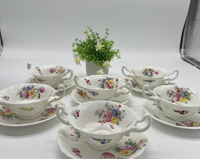 Set Of 12 Vtg Royal Brittania China Double Handled Floral Teacup/dessert Bowl