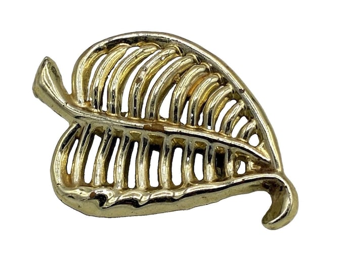 Vintage Gold Tone Openwork Leaf Brooch Pin Signed Curled Tip