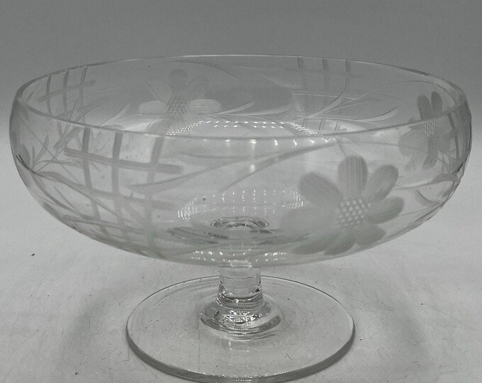 Vintage Clear Glass Footed Compote Wheel Cut Engraved Daisy Floral 7 Inch