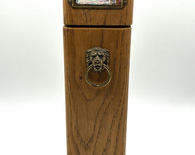 Vintage Wood Matchstick Holder Lion Head Brass Iridescent Glass Mantel Decor