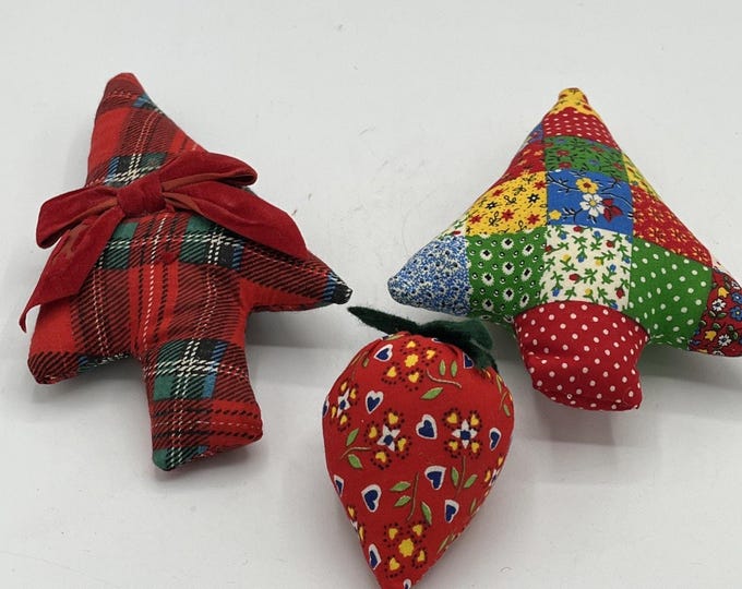 Vintage Handmade Christmas Tree Lot of 3 Strawberry Plush Hand Sewn