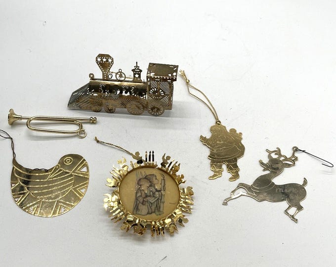 Vintage Lot 6 Gold Metal Christmas Ornaments Hummel Madonna Train Santa