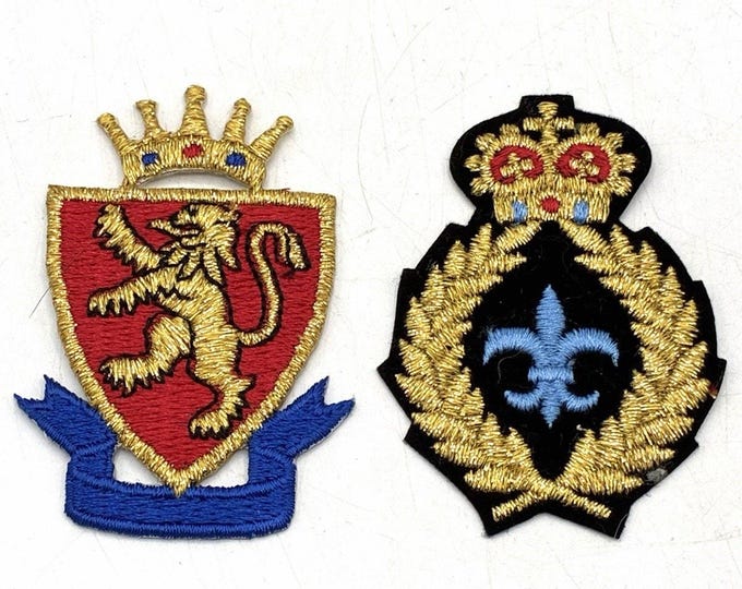 Vintage Embroidered Heraldic Patch Lot 2 Lion Shield Fleur de Lis Gold Metallic