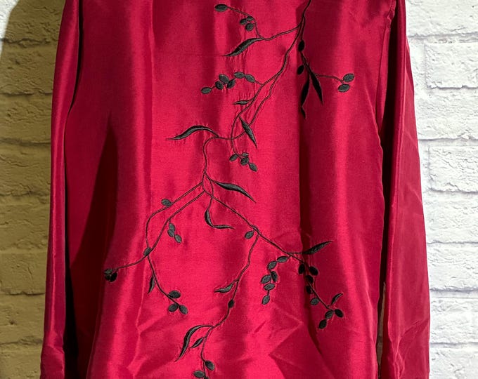 Coldwater Creek Red Silk Blouse M Black Embroidery Button Down Vintage