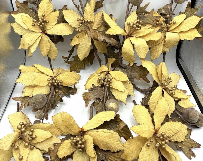 Lot 10 Gold Poinsettia Christmas Floral Picks Heavy Duty Apples Acorns Decor