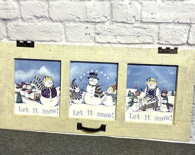 Handmade Snowman Wall Decor – Upcycled Cabinet Door Christmas Folk Art 26 Inch