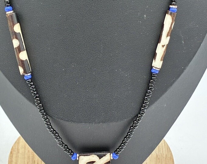 Vintage Carved Batik Bead Necklace, Hematite & Cobalt Blue Accents, 18”