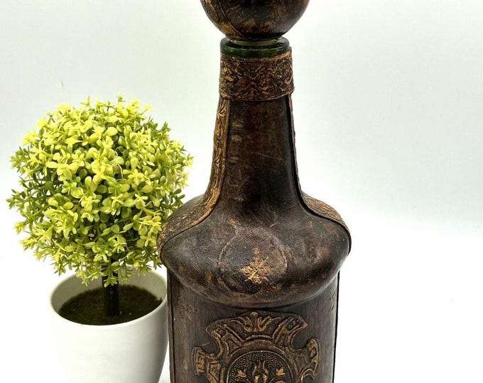 Vintage Leather Wrapped Wine/Liquor Decanter Bottle Made in Italy 11" W/stopper