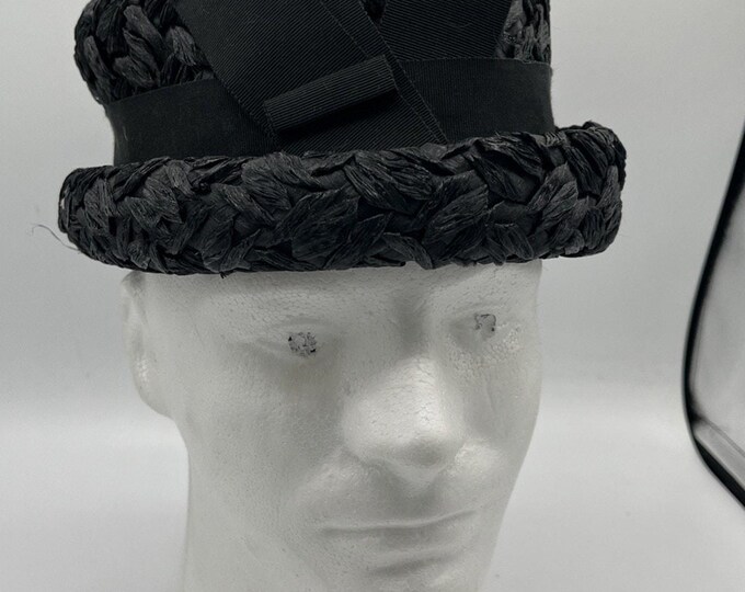 60's Vintage Black Straw Hat Bucket W Bow Band Accent