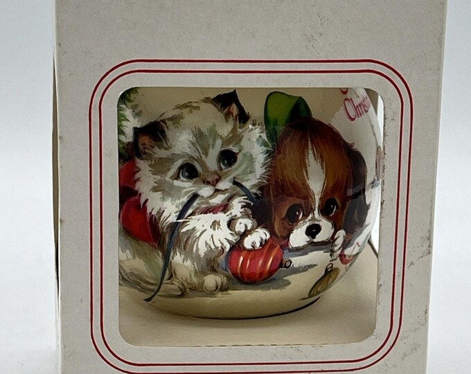 Vintage 1980s Christmas INI creations satin ball 3” ornament Puppy And Kitten