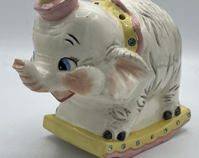 Vtg RARE Kitschy Elephant Ceramic Embellished Rhinestone Piggy Bank Hand Painted