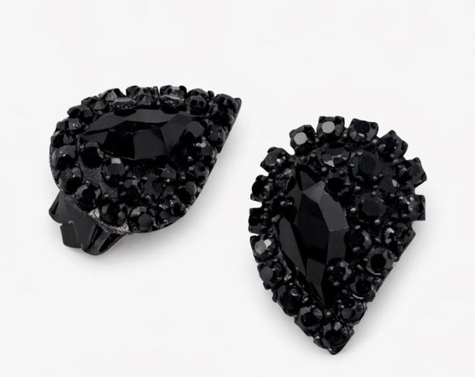 Vintage Black Rhinestone Clip Earrings Teardrop Marquise Jet Pavé 1950s Glam