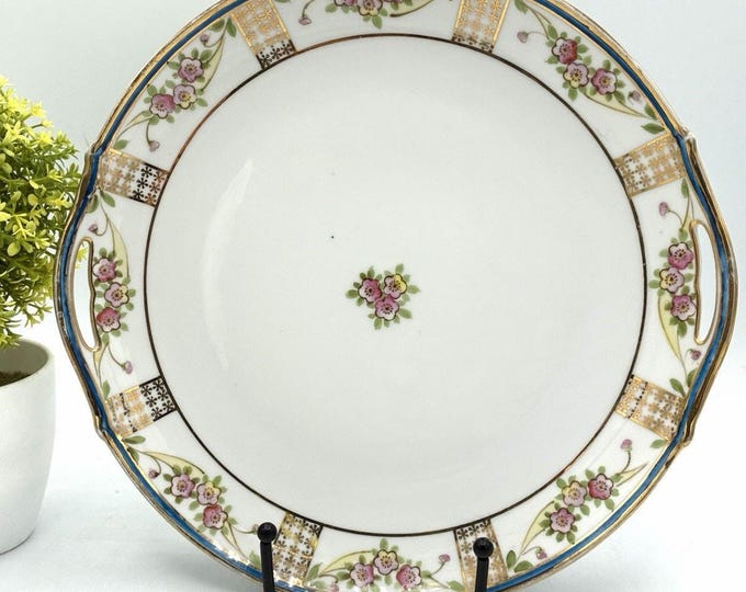 Antique Hand Painted Nippon Rising Sun Floral Serving Platter Gold Blue 9.5”