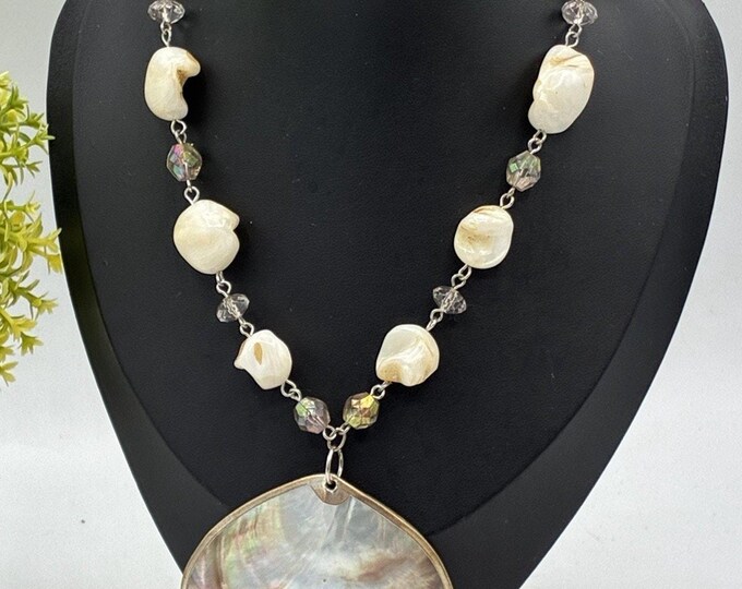 Vintage Shell Necklace 19” Large 2.5” Shell Pendant AB Crystal Statement