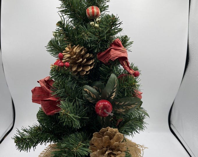 Vintage 17” Table Top Christmas Tree In Burlap Bag Apples Decor Rustic