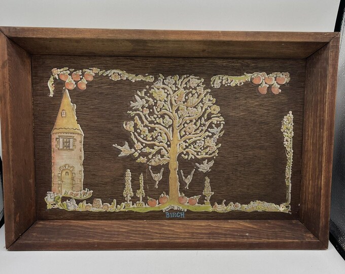 Vintage Decoupage Wood Tray Wall Hanging | Birch Family Tree | Rustic Primitive Decor | 18x12 | Mid Century Handmade Style