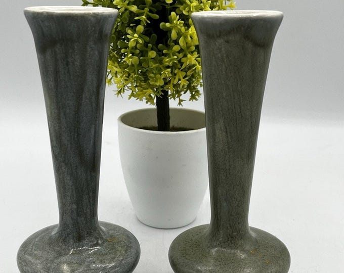 Vintage Pair Ceramic Bud Vases 6" Gray Glaze Trumpet Studio Pottery Sign Roppel