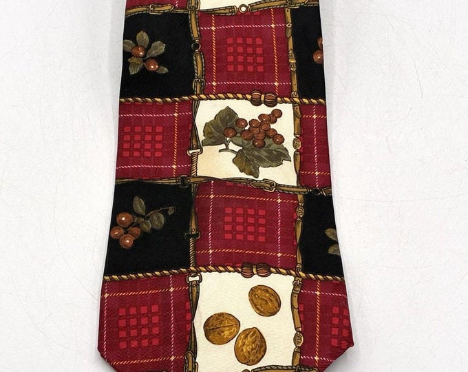 Vintage Pierre Cardin 100% Silk Tie Autumn Harvest Fruit Plaid Thanksgiving
