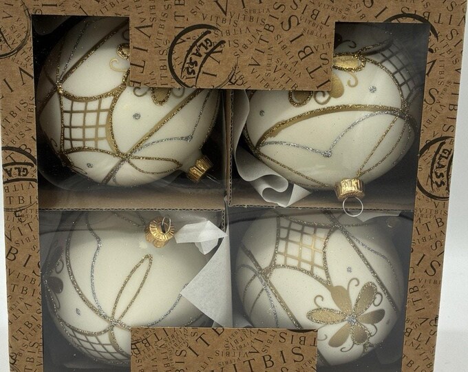 Vitbis Poland Glass Christmas Ornaments Set/4 Ivory Gold Silver Glitter