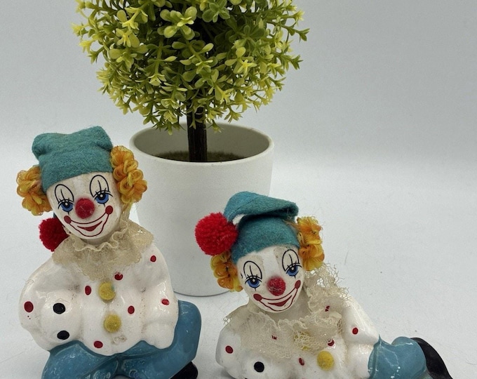 Vintage Action Ceramic Clown Figurines Hand Painted Happy Soccer Clowns Lot Of 2