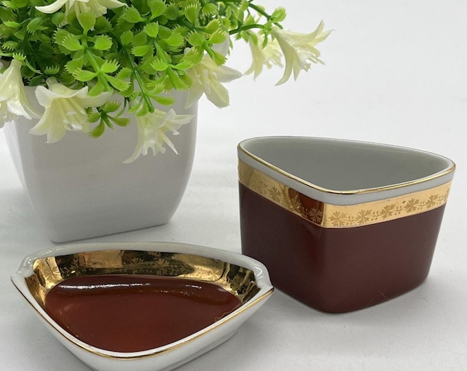 Vintage Hollohaza Hungary Porcelain 2 Piece Set Brown Gold Triangular Dish MCM