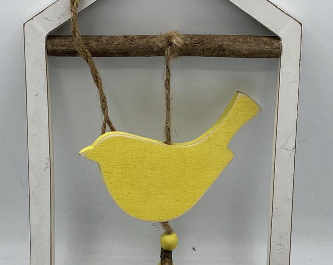 Handmade Wooden Wall Hanging White W Yellow Bird Spring Easter Decor Rustic