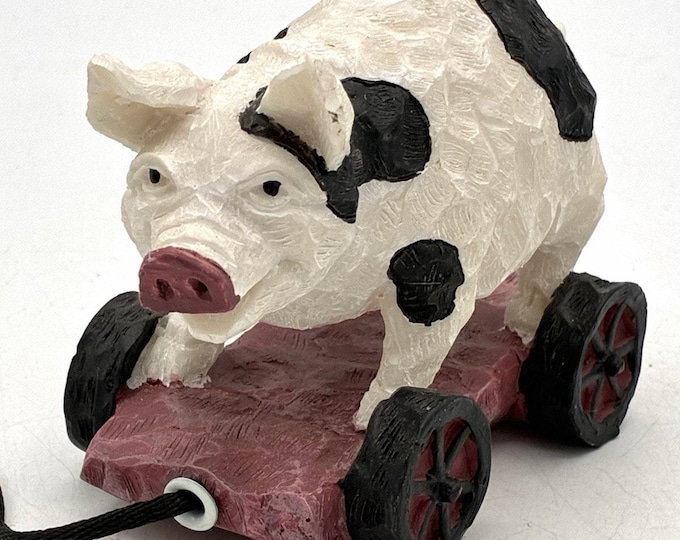 Vintage Jay Import Co. Pig on Wheels Pull Toy Figurine Resin 4” Farm Decor