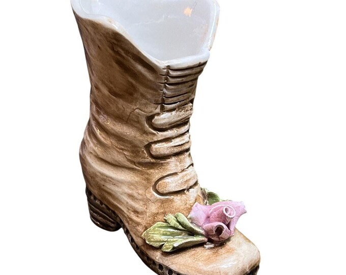 Vintage Capodimonte Brown Boot Vase Figurine Pink Rose Stamped Italy Porcelain