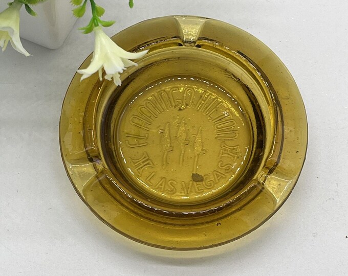 Vtg Amber Glass Casino Ashtray Flamingo Hilton Las Vegas Nevada Rare Barware